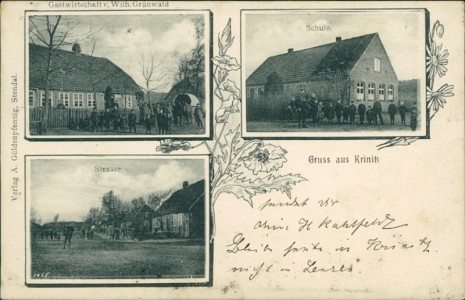 Alte Ansichtskarte Gruss aus Krinitz, Gastwirtschaft v. Wilh. Grünwald, Schule, Strasse