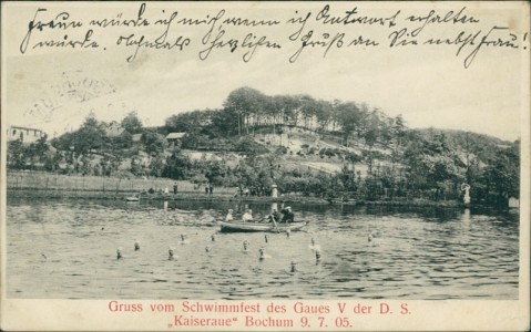 Alte Ansichtskarte Bochum, Gruss vom Schwimmfest des Gaues V der D. S. "Kaiseraue" Bochum 9. 7. 05.