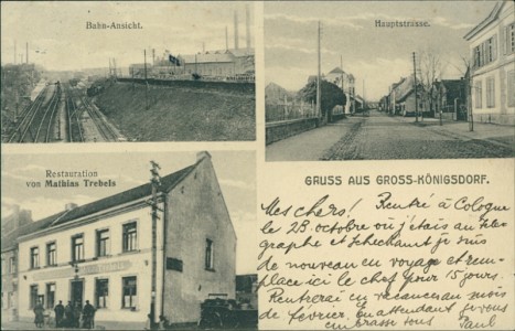Alte Ansichtskarte Gruss aus Gross-Königsdorf, Bahn-Ansicht, Hauptstrasse, Restauration von Mathias Trebels