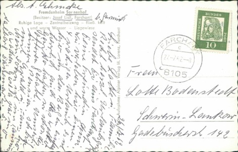 Adressseite der Ansichtskarte Farchant, Fremdenheim Sonnenhof
