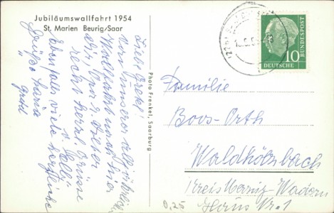 Adressseite der Ansichtskarte Beurig/Saar, Jubiläumswallfahrt 1954 St. Marien