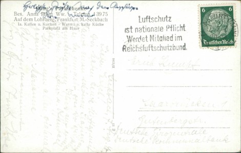 Adressseite der Ansichtskarte Frankfurt-Seckbach, Pflug's Lohrschänke. Auf dem Lohrberg, Frankfurt/M.-Seckbach