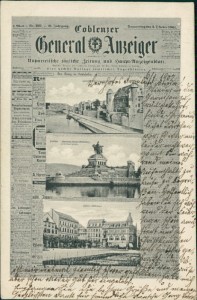 Alte Ansichtskarte Coblenzer General Anzeiger, Alte Burg und Mosel, Denkmal Kaiser Wilhelm I, Göbenplatz