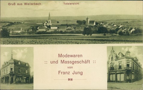 Alte Ansichtskarte Gruß aus Weilerbach, Modewaren und Massgeschäft von Franz Jung