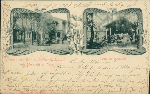 Alte Ansichtskarte Gruss aus dem Eiskeller-Restaurant von Neustadt a. Orla, Garten mit Musikhalle