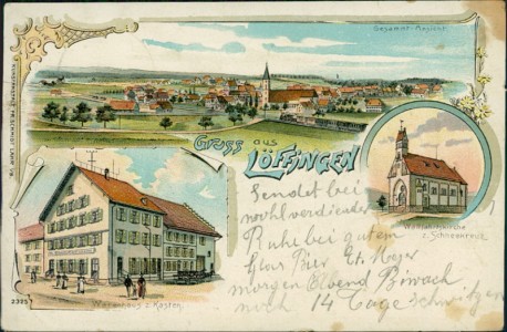 Alte Ansichtskarte Gruss aus Löffingen, Gesamt-Ansicht, Warenhaus z. Kasten, Wallfahrtskirche z. Schneekreuz