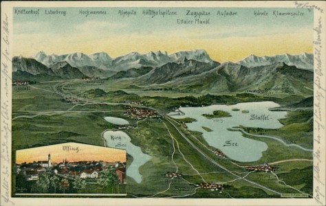 Alte Ansichtskarte Uffing, Landschaftspanorama mit Teilansicht von Uffing