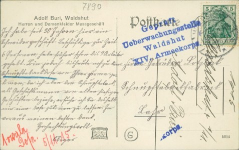 Adressseite der Ansichtskarte Waldshut, Adolf Buri, Herren und Damenkleider Massgeschäft