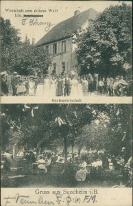 Alte Ansichtskarte Gruss aus Sundheim i/B., Wirtschaft zum grünen Wald Inh. F. Schanz, Gartenraum