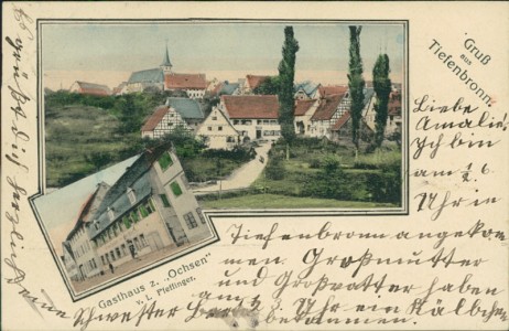 Alte Ansichtskarte Gruß aus Tiefenbronn, Teilansicht, Gasthaus z. "Ochsen" v. L Pfeffinger