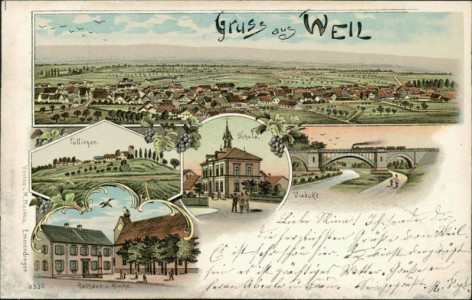 Alte Ansichtskarte Gruss aus Weil, Gesamtansicht, Tüllingen, Schule, Viadukt, Rathaus u. Kirche