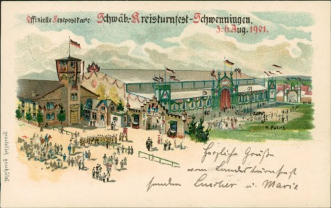 Alte Ansichtskarte Schwenningen, Offizielle Festpostkarte Schwäb.-Kreisturnfest-Schwenningen 3.-6. Aug. 1901