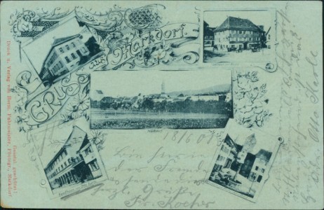 Alte Ansichtskarte Gruss aus Markdorf, Kaiserliches Postamt, Gasthaus zur Krone, Kaufhaus von Otto Karle, Brunnen am Platz