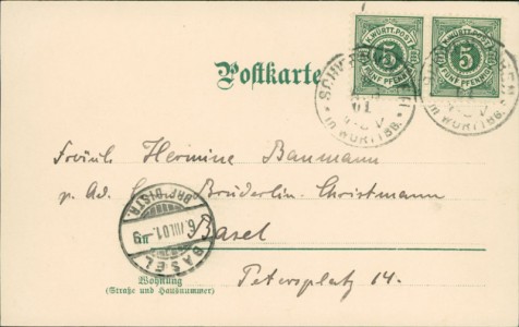 Adressseite der Ansichtskarte Schwenningen, Offizielle Festpostkarte Schwäb.-Kreisturnfest-Schwenningen 3.-6. Aug. 1901