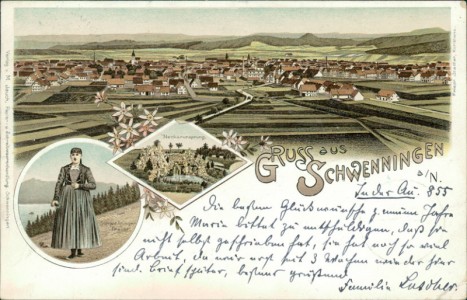 Alte Ansichtskarte Gruss aus Schwenningen, Gesamtansicht, Neckarursprung, Frau in Tracht