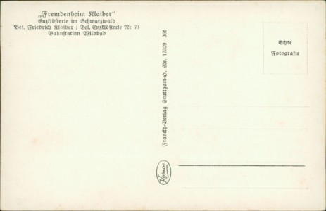 Adressseite der Ansichtskarte Enzklösterle im Schwarzwald, Fremdenheim Klaiber. Bes. Friedrich Klaiber