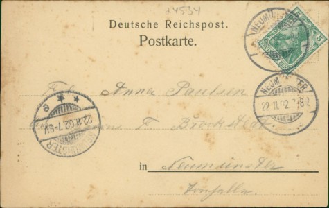 Adressseite der Ansichtskarte Gruss aus Neumünster, Vom Mühlenhof gesehen