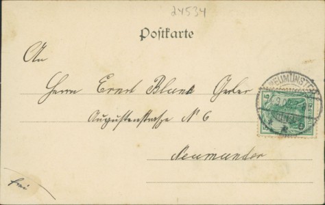 Adressseite der Ansichtskarte Gruss aus Neumünster, Kleinflecken mit Dreikaiser Denkmal