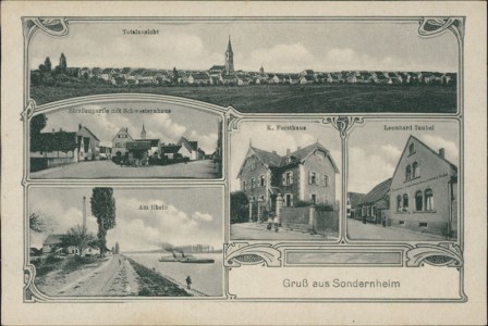Alte Ansichtskarte Gruß aus Sondernheim, Totalansicht, Straßenpartie mit Schwesternhaus, K. Forsthaus, Leonhard Teubel, Am Rhein