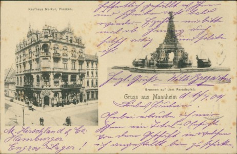 Alte Ansichtskarte Gruss aus Mannheim, Kaufhaus Merkur, Planken, Brunnen auf dem Paradeplatz
