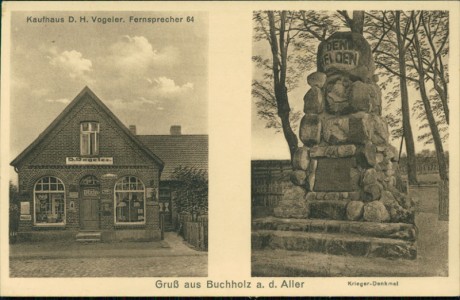 Alte Ansichtskarte Gruß aus Buchholz a. d. Aller, Kaufhaus D. H. Vogeler. Fernsprecher 64, Krieger-Denkmal