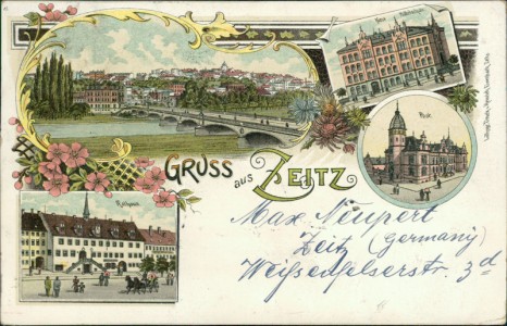 Alte Ansichtskarte Gruss aus Zeitz, Neue Mittelschule, Post, Rathaus