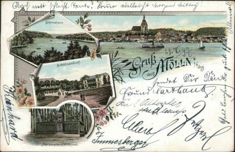 Alte Ansichtskarte Gruss aus Mölln i/Lbg., Schmalsee, Schützenhof, Hanseatendenkmal