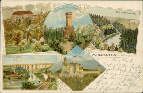 Alte Ansichtskarte Muldental, Schloß Wolkenburg, Turm a. d. Rochlitzer Berg, Blick nach Amerika, Brücke b. Göhren, Schloß Rochsburg