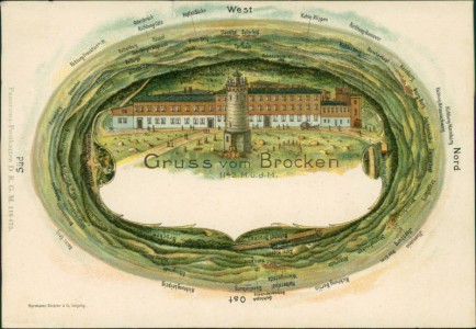 Alte Ansichtskarte Gruss vom Brocken, Panorama-Postkarte