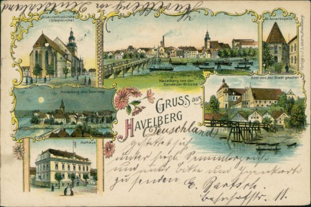 Alte Ansichtskarte Gruss aus Havelberg, St. Laurentiuskirche, Havelberg von der Sandauer Brücke, St. Annenkapelle, Rathaus, Dom von der Stadt gesehen