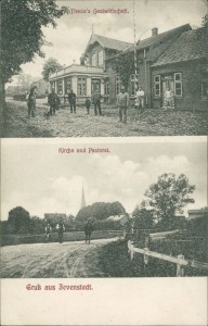 Alte Ansichtskarte Gruß aus Jevenstedt, Thode's Gastwirtschaft, Kirche und Pastorat