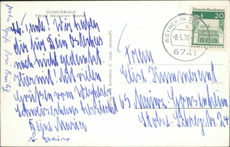 Adressseite der Ansichtskarte Schweizerhaus, Pfälzer Waldverein Weyher