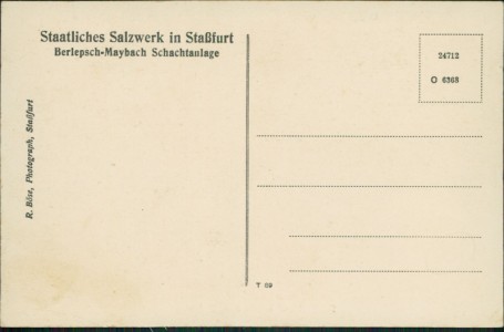 Adressseite der Ansichtskarte Staatliches Salzwerk in Straßfurt, Berlepsch-Maybach Schachtanlage. Festsaal auf der 406 m Sohle