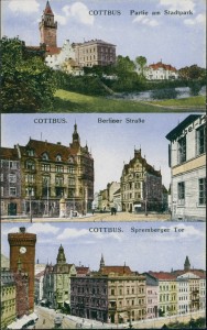 Alte Ansichtskarte Cottbus, Partie am Stadtpark, Berliner Straße, Spremberger Tor