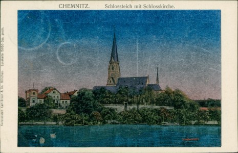Alte Ansichtskarte Chemnitz, Schlossteich mit Schlosskirche