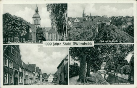 Alte Ansichtskarte 1000 Jahre Stadt Wiedenbrück, Marktplatz mit Pfarrkirche, Blick auf die Stadt, Am Klingelbrink, Wall-Promenade
