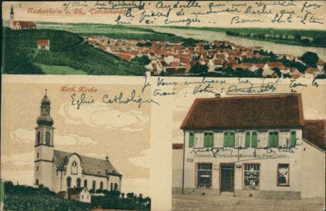 Alte Ansichtskarte Nackenheim a. Rh., Totalansicht, Kath. Kirche, Kolonial- u. Farbwarenhandlung
