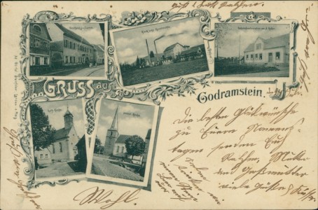 Alte Ansichtskarte Godramstein (Landau), Gasthaus z. Lamm, Kinck'sche Kunstmühle, Bahnhofrestauration von A. Keller, Kirche