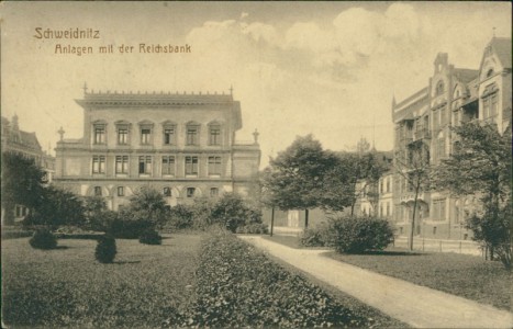 Alte Ansichtskarte Schweidnitz / Świdnica, Anlagen mit der Reichsbank