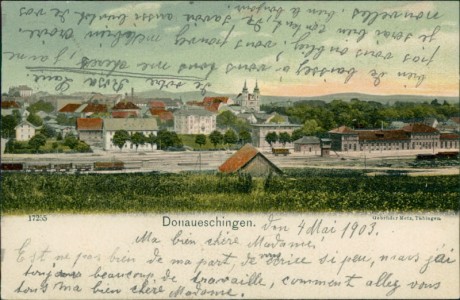 Alte Ansichtskarte Donaueschingen, Teilansicht mit Bahnhof