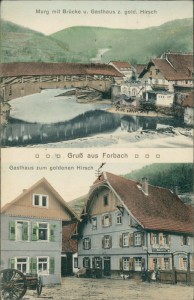 Alte Ansichtskarte Forbach, Murg mit Brücke u. Gasthaus z. gold. Hirsch