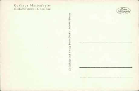 Adressseite der Ansichtskarte Sasbach, Kurhaus Marienheim, Erlenbad bei Achern i.B, Speisesaal