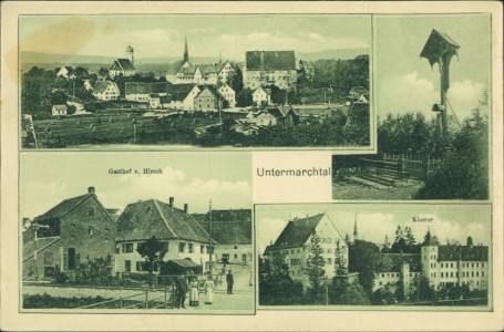 Alte Ansichtskarte Untermarchtal, Gesamtansicht, Gasthof z. Hirsch, Wegkreuz, Kloster