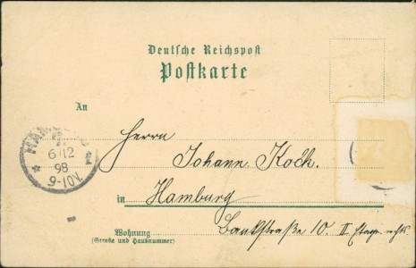 Adressseite der Ansichtskarte Gruss aus Kiel, Kaufhaus W. Jacob, Bismarck-Denkmal, Kriegsschiffe