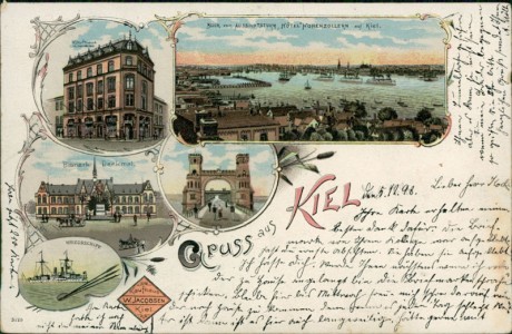 Alte Ansichtskarte Gruss aus Kiel, Kaufhaus W. Jacob, Bismarck-Denkmal, Kriegsschiffe