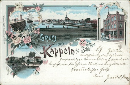 Alte Ansichtskarte Gruss aus Kappeln a/d Schlei, Schleimünde, Kappeln, Schauspielhaus, Strandhotel
