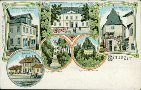 Alte Ansichtskarte Gruss aus Simmern, Gasthaus zum Hunsrücken, Bahnhof, Schloss, Kriegerdenkmal, Schinderhannes Turm