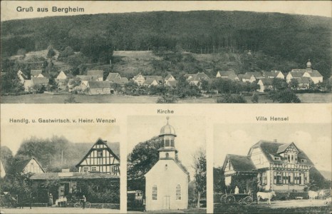 Alte Ansichtskarte Ortenberg-Bergheim, Gesamtansicht, Handlung u. Gastwirtschaft v. Heinr. Wenzel, Kirche, Villa Hensel