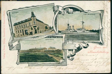 Alte Ansichtskarte Brunsbüttel Brunsbüttelkoog, Karlstrasse, S.M.S. Weissenburg, Cementfabrik