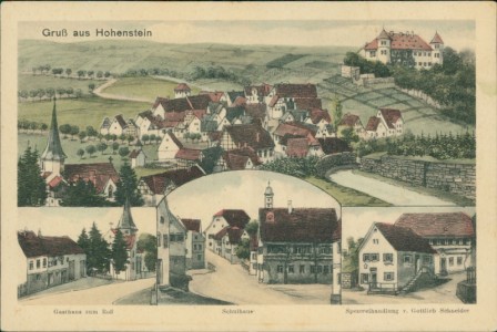 Alte Ansichtskarte Bönnigheim-Hohenstein, Gesamtansicht, Gasthaus zum Roß, Schulhaus, Spezereihandlung v. Gottlieb Schneider